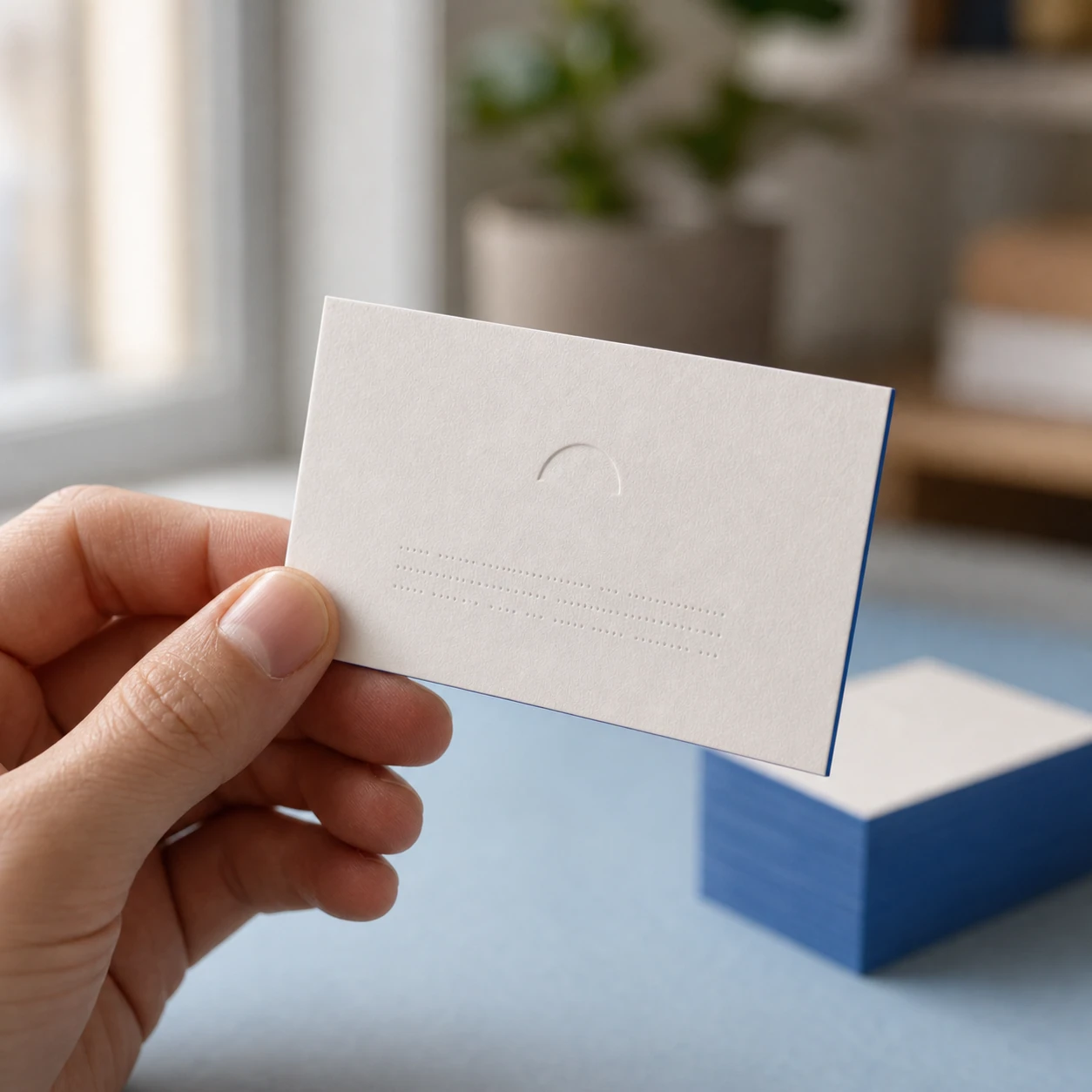 Warm-white card held between two fingers