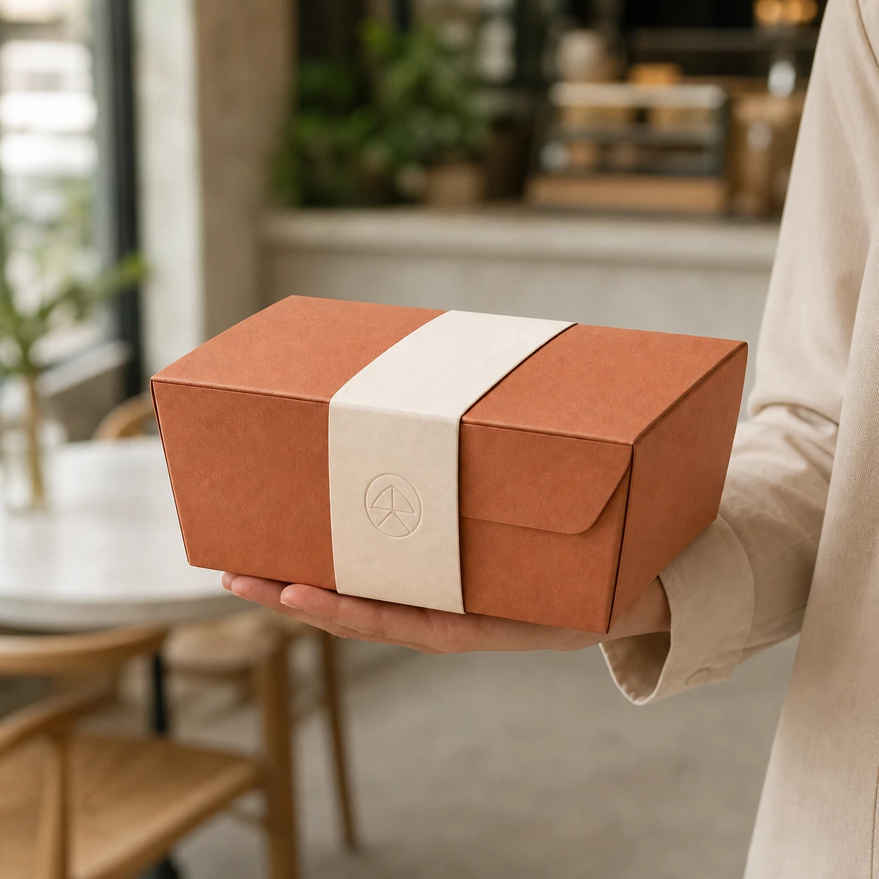 Terracotta food box presented by hand