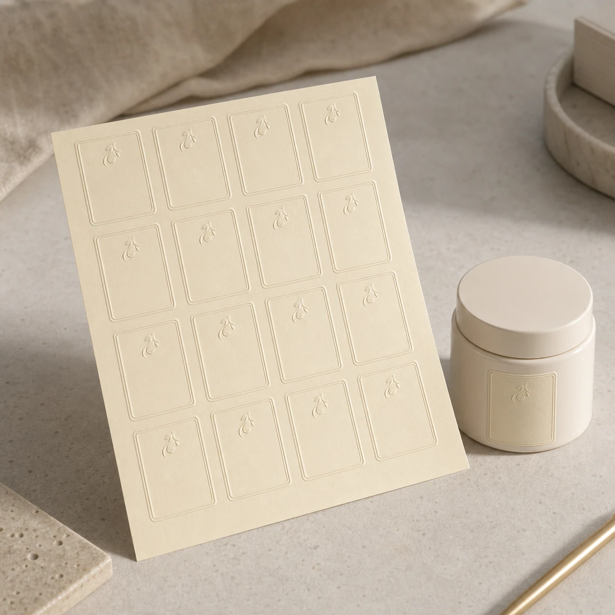 Luxury label sheet beside a labelled jar