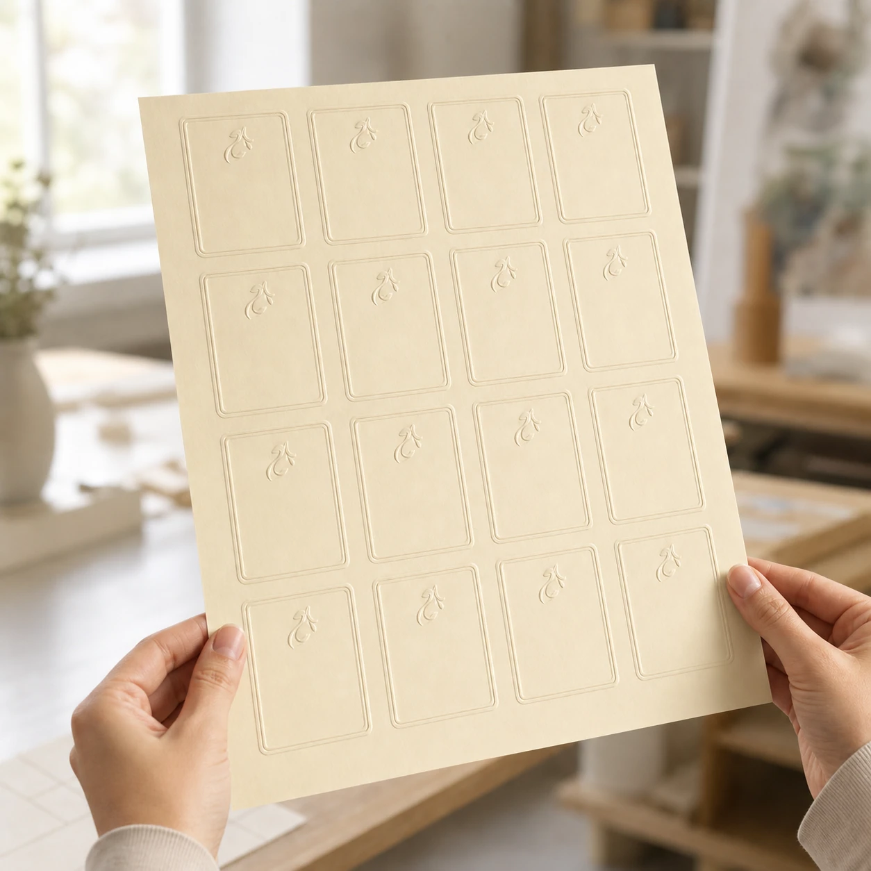 Ivory label sheet held in two hands