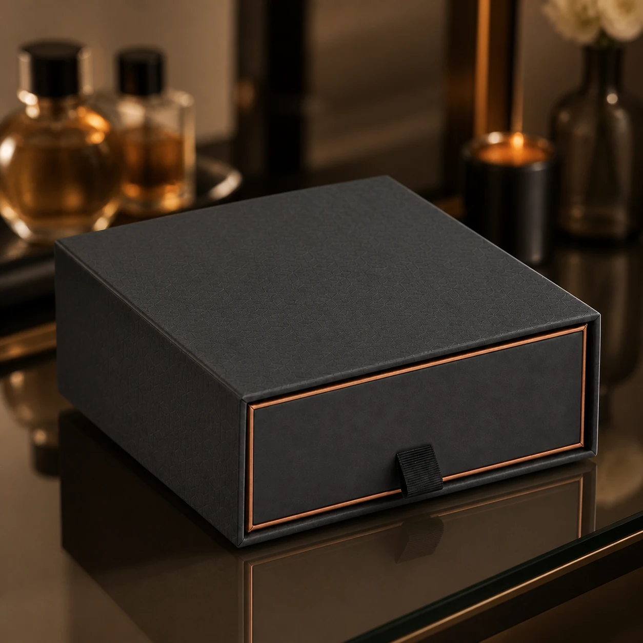 Rigid perfume box in a fragrance setting