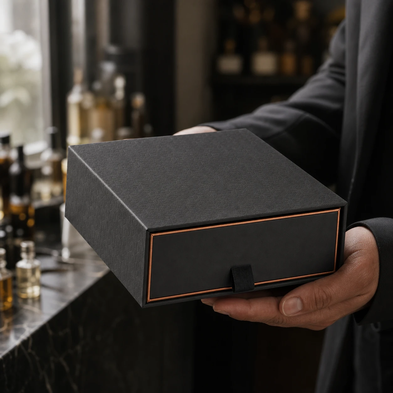 Charcoal perfume box presented by hand
