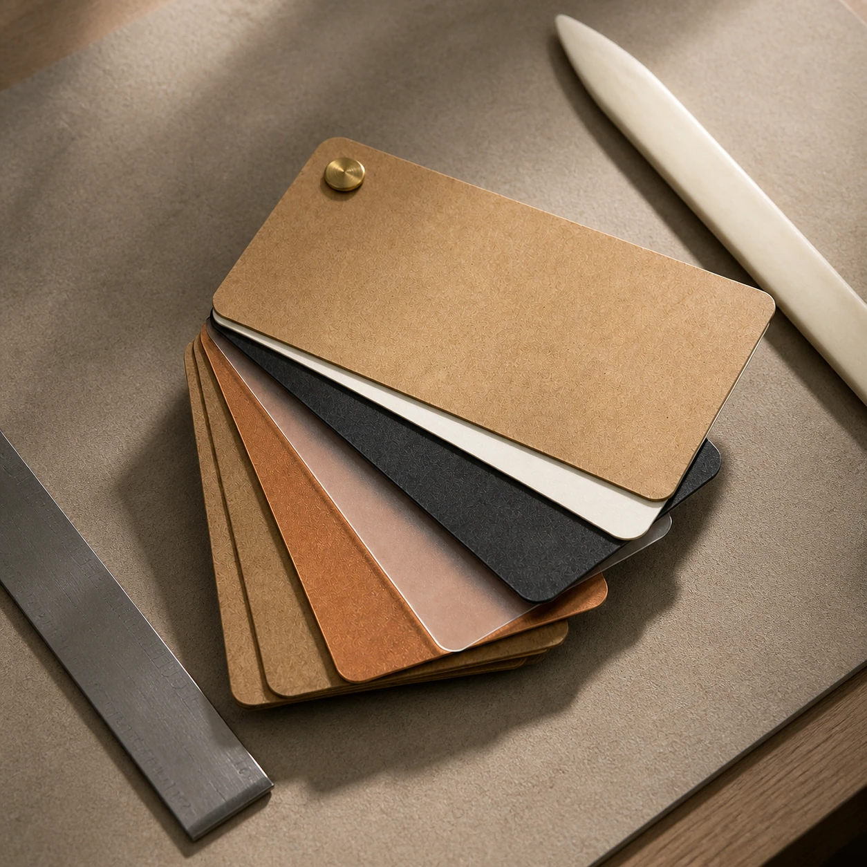 Material samples on a packaging worktable