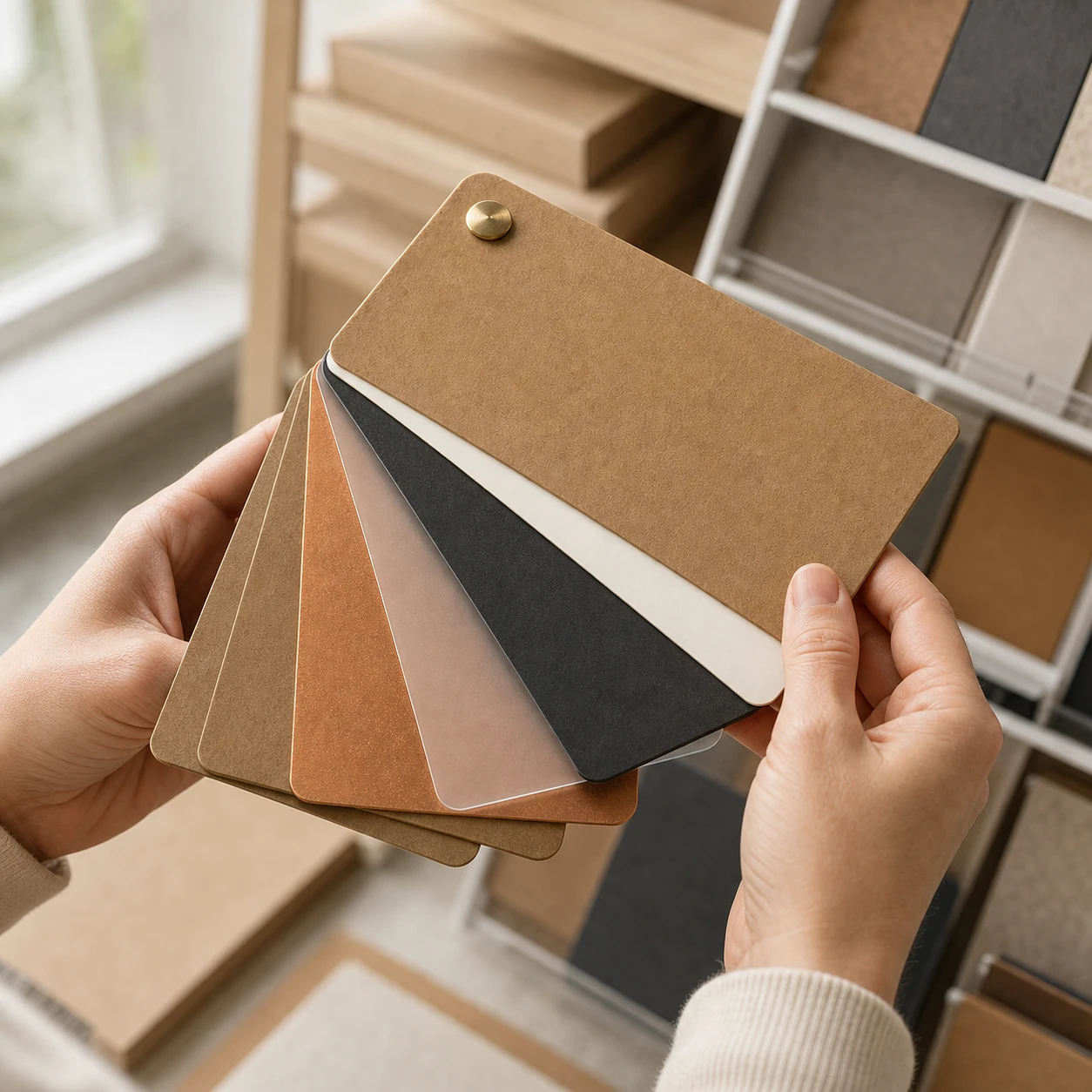 Packaging material swatches held in two hands