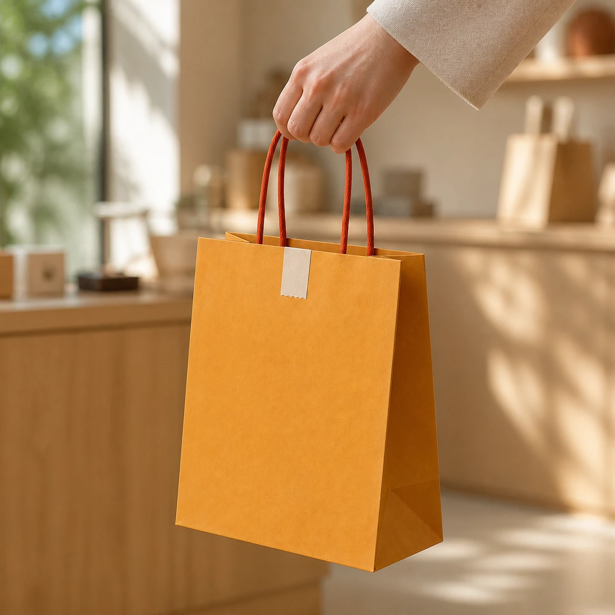 Ochre paper bag carried by hand