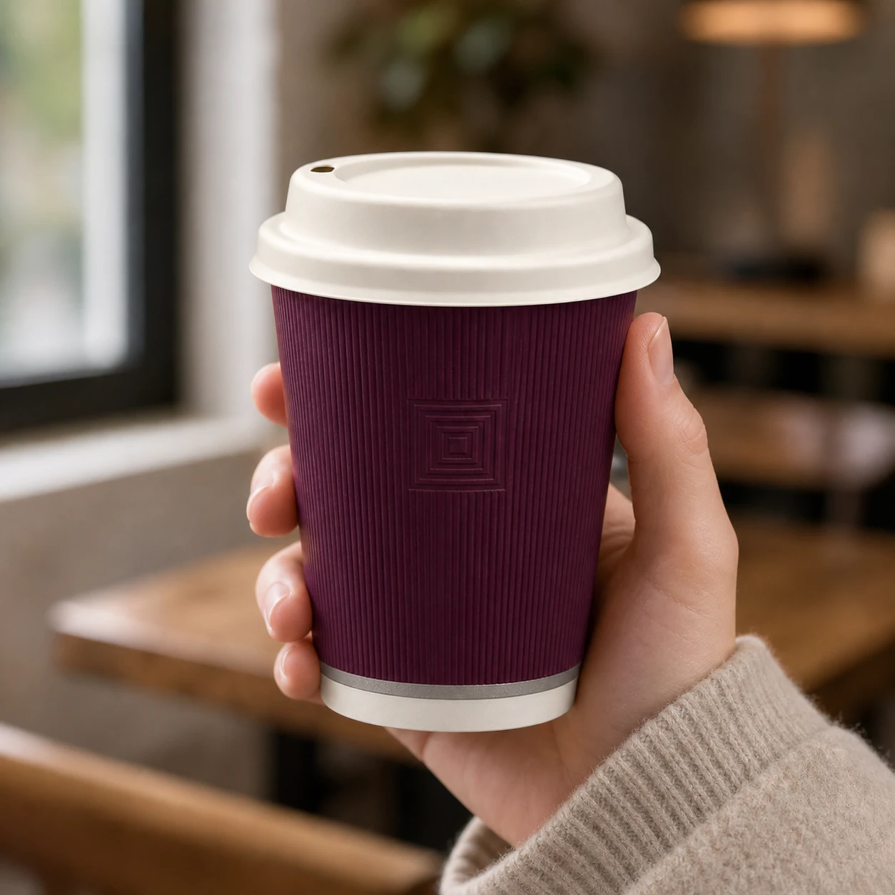 Plum paper cup held in one hand