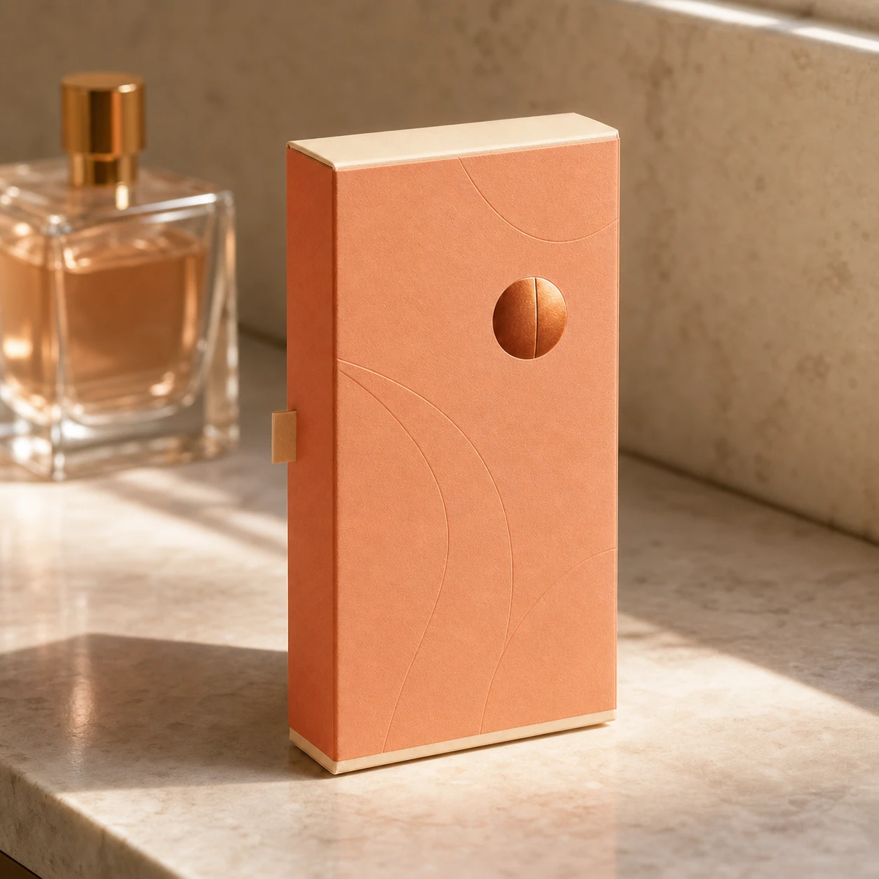 Perfume carton on a vanity