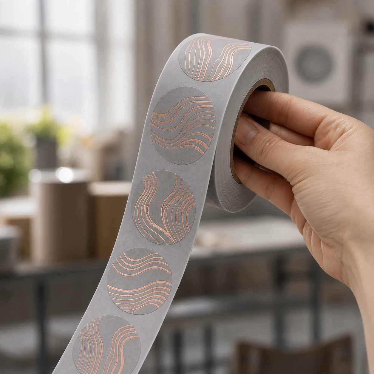 Premium label roll held by hand