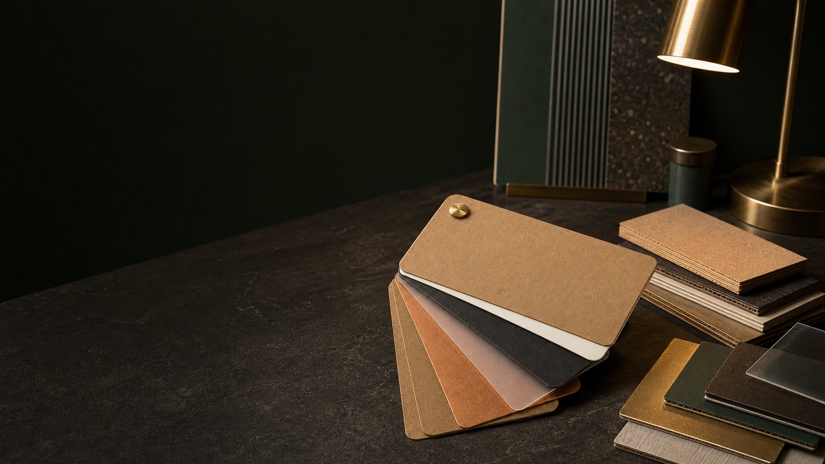 Packaging Materials arranged in a dark green editorial studio