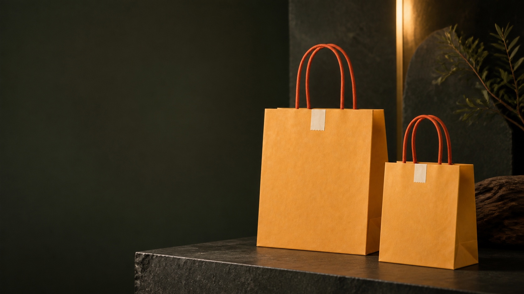 Paper Bags arranged in a dark green editorial studio