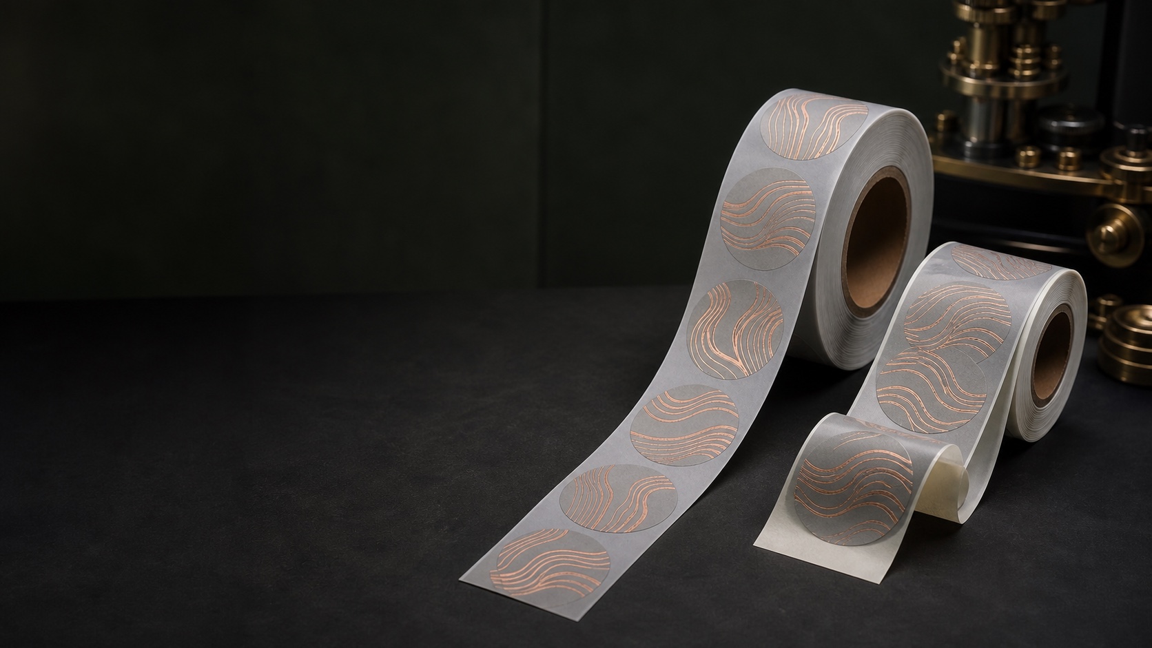 Premium Roll Form Label Stickers arranged in a dark green editorial studio