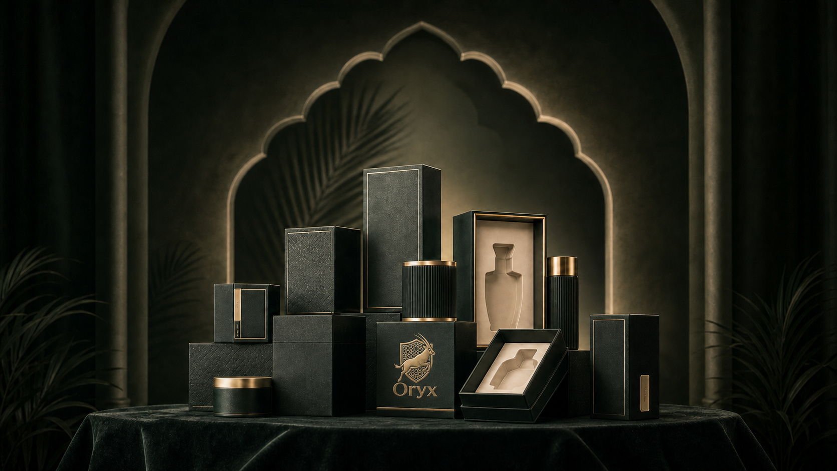 Forest-green ORYX presentation packaging arranged beneath an illuminated arch